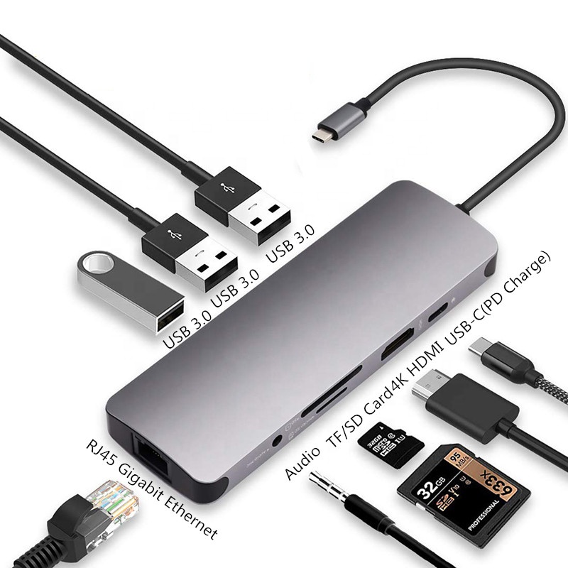 New Aluminum 9-in-1 USB C Hub Adapter Dongle Andobil Type C Hub to Ethernet 